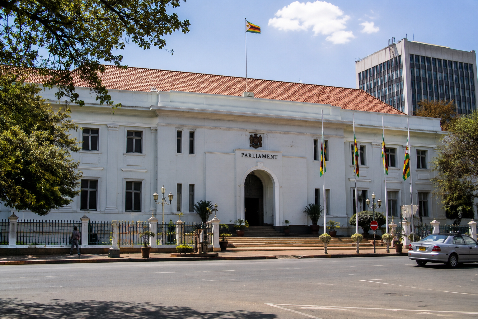 The parliament of Zimbabwe building during legislative sessions.