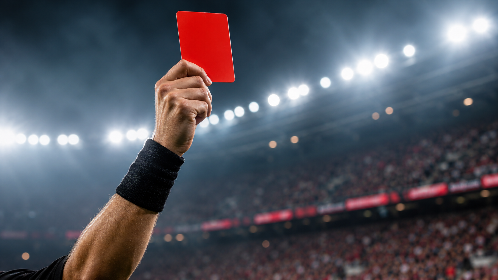A referee holding up a red card on a soccer pitch during a world cup match