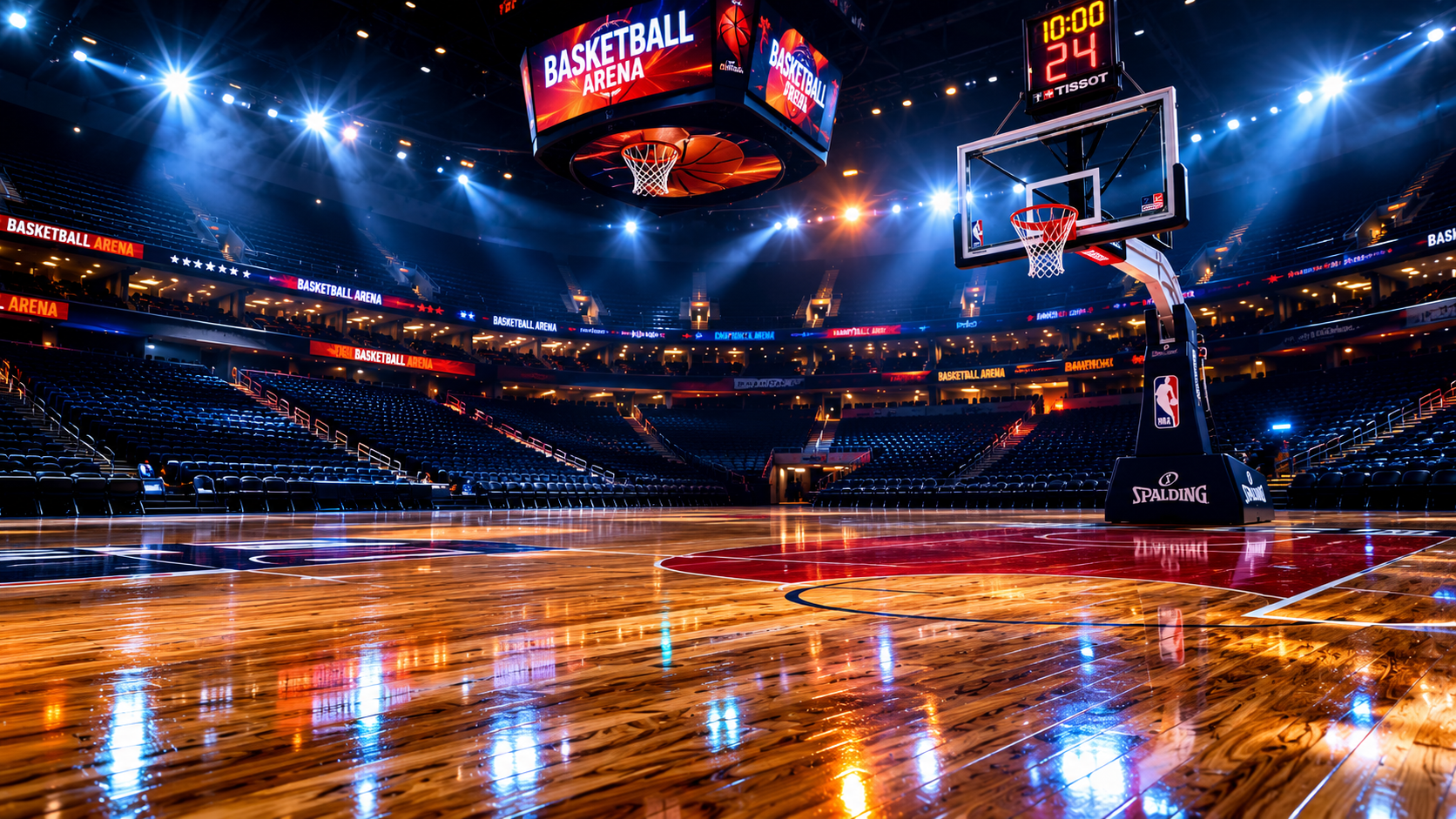 A modern indoor sports stadium court under bright arena lights representing a basketball trade