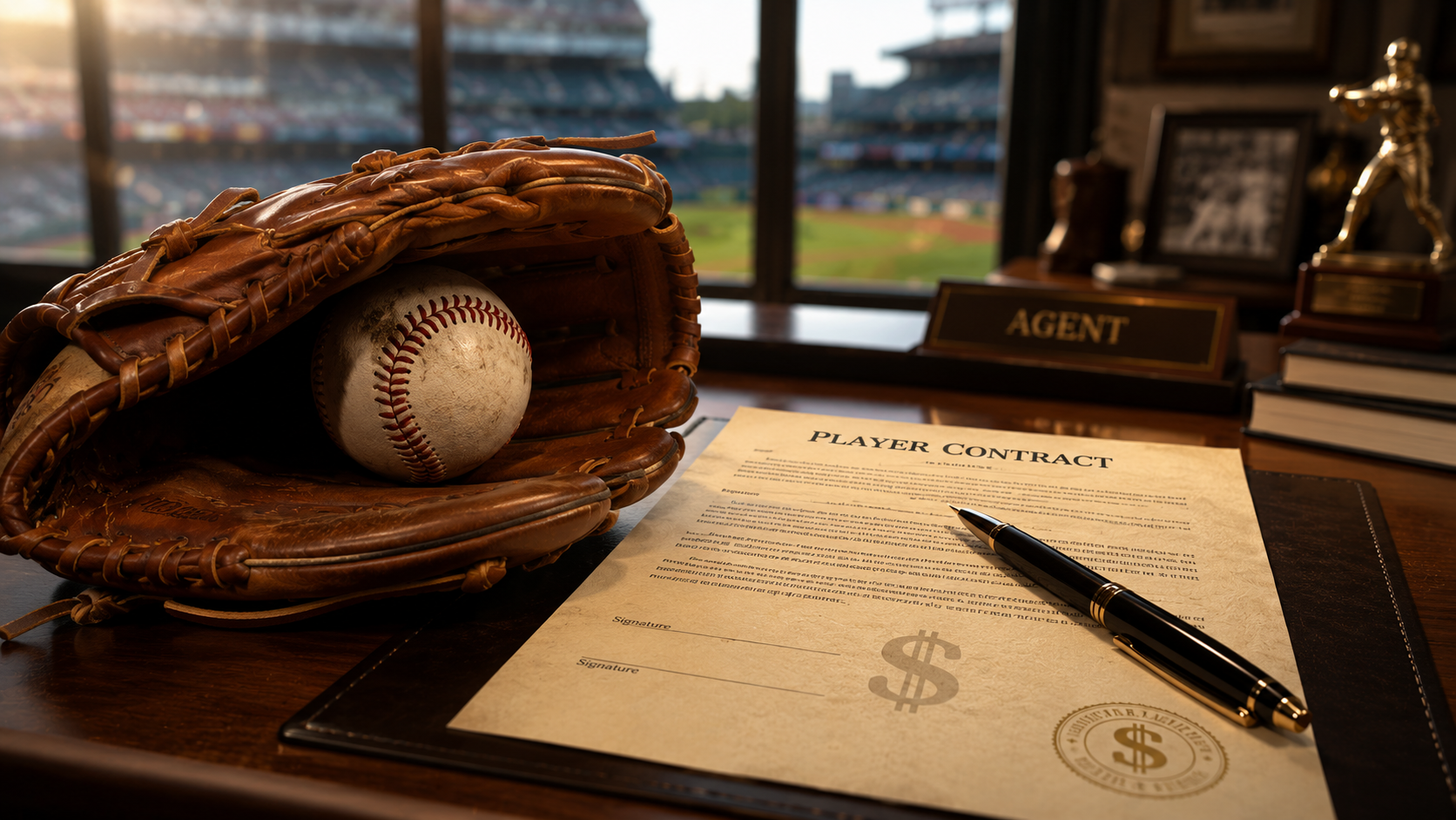 A large official bank check showing a million dollar payout next to a baseball glove