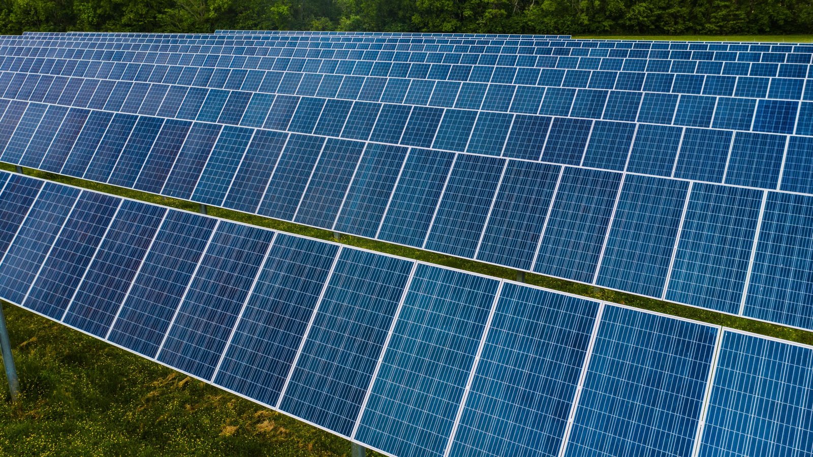 Large scale commercial solar farm rows under clear sky