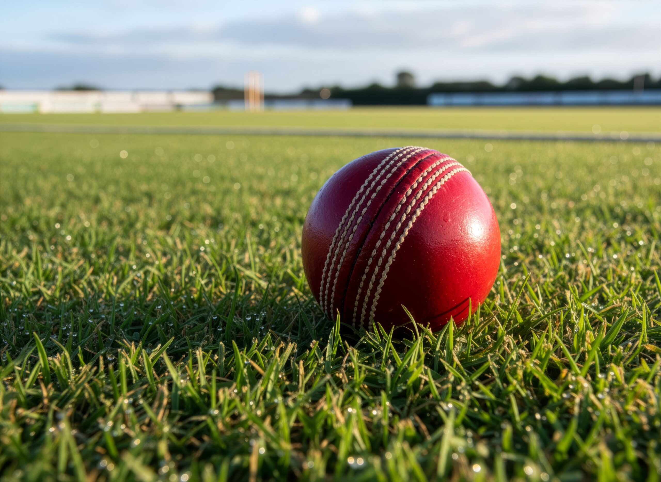 A traditional red leather cricket ball resting on a natural turf pitch showing prominent white stitched seam detailing.