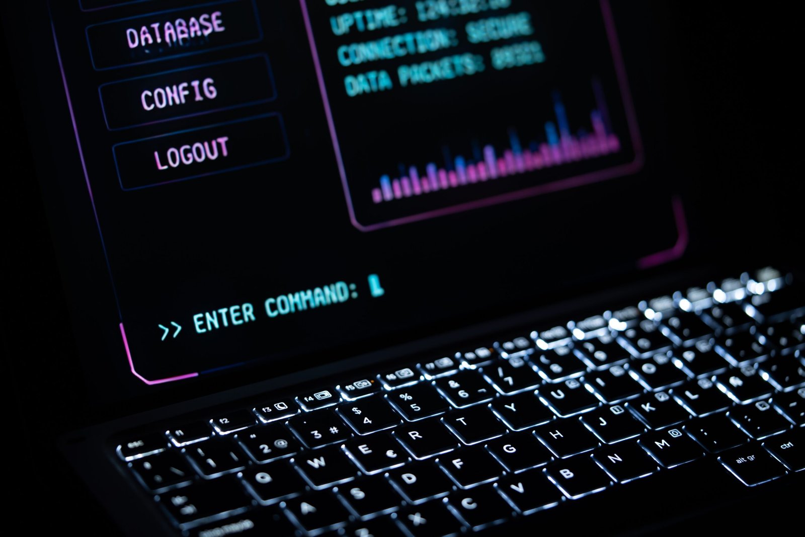 Cybersecurity interface depicting Linux terminal command line code, system firewall monitoring, and encryption keys