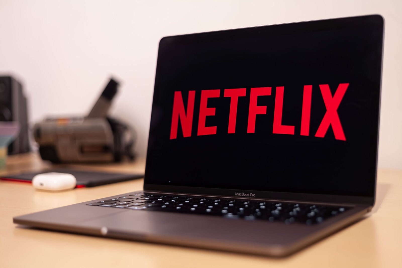 Streaming video screen displaying Netflix logo with legal court gavel and film reel graphics