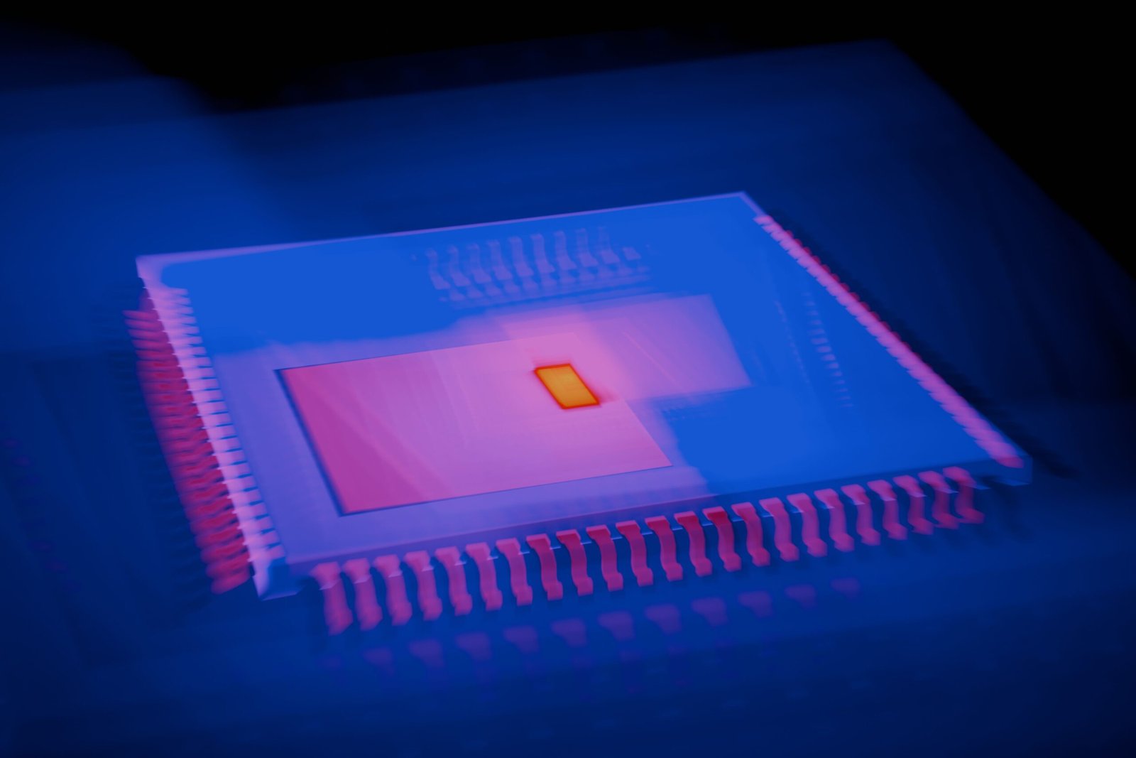 A crisp technical macro photograph visualizing an advanced glowing processor chip installed on a high-density motherboard array.