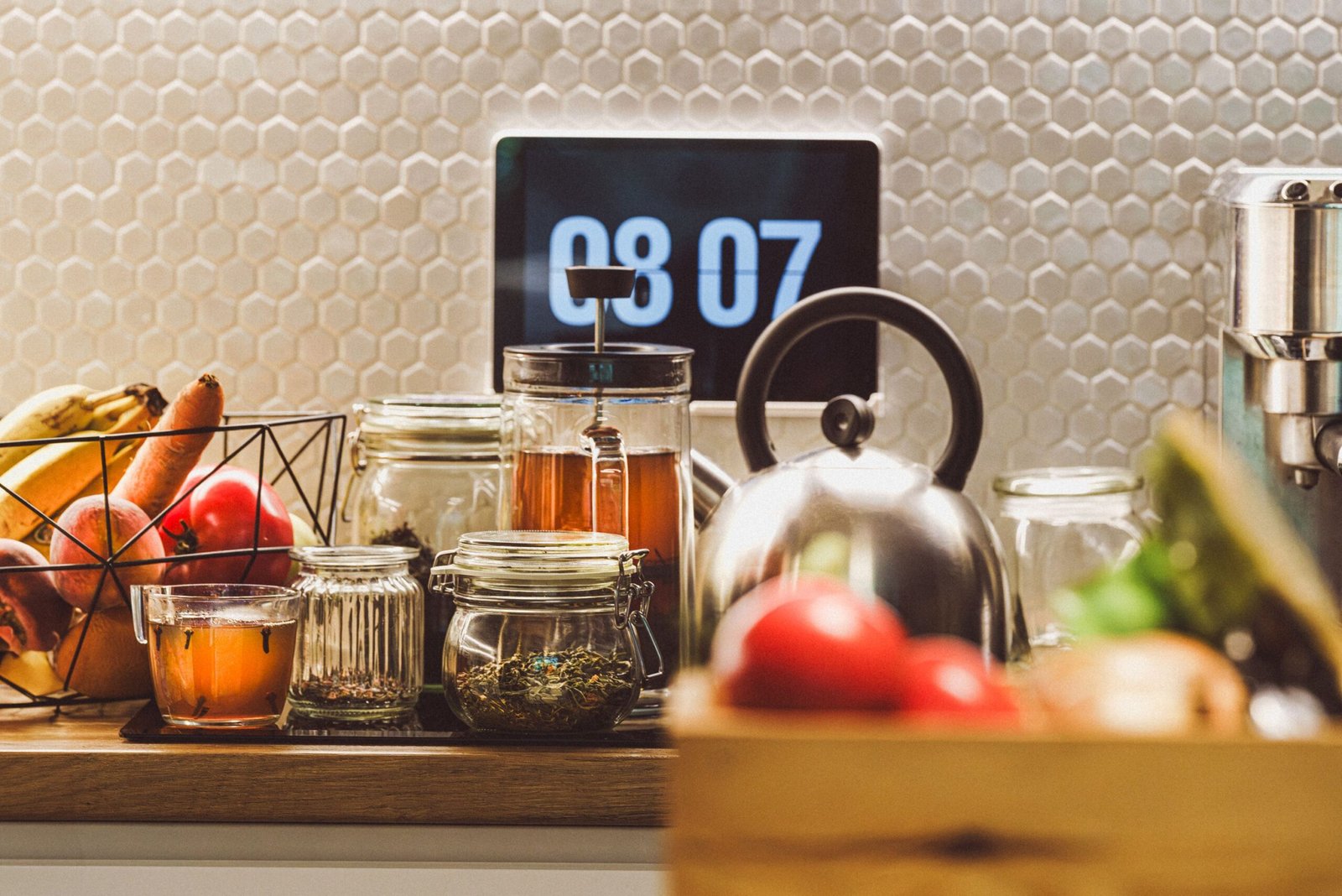 Conceptual medical visualization showing a clock countdown timer overlaying human brain neural networks and healthy nutrition