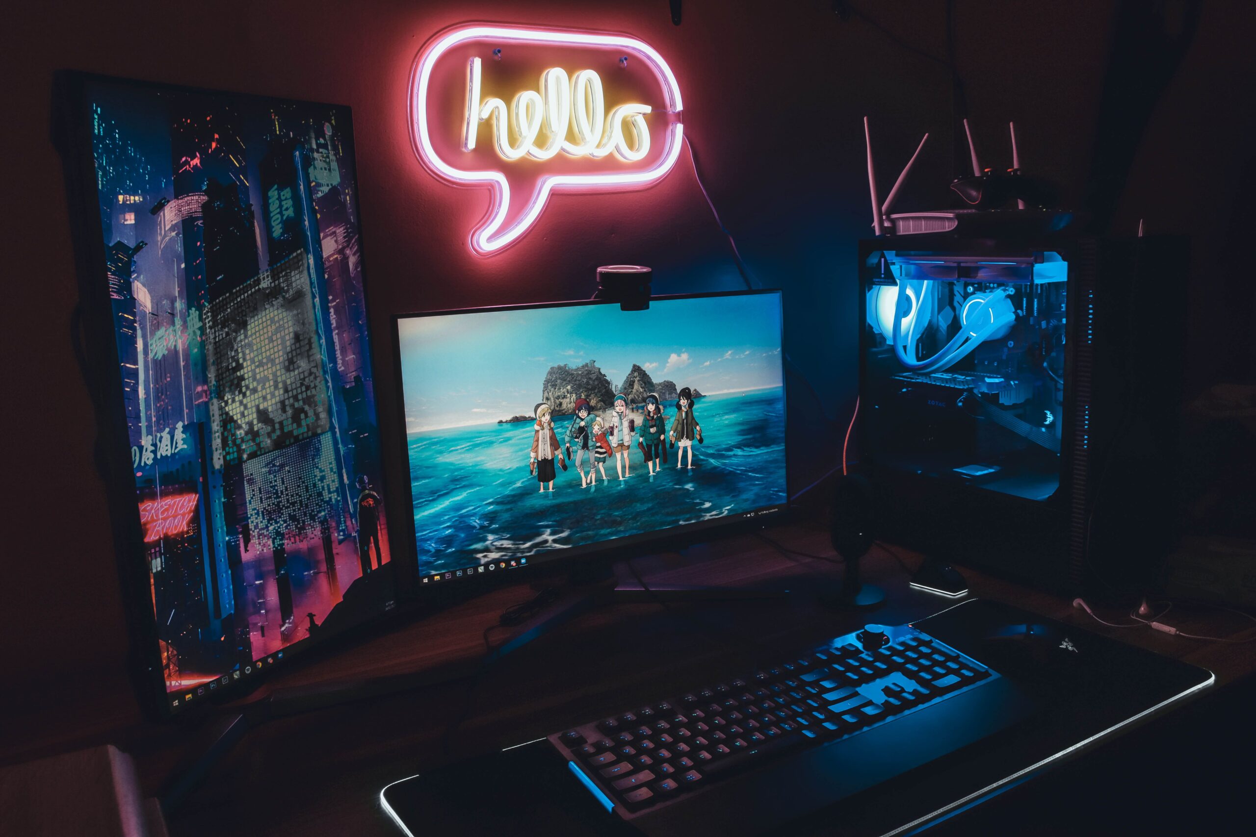 A modern glowing high-end mechanical gaming keyboard and mouse setup on a dark desktop tech matrix