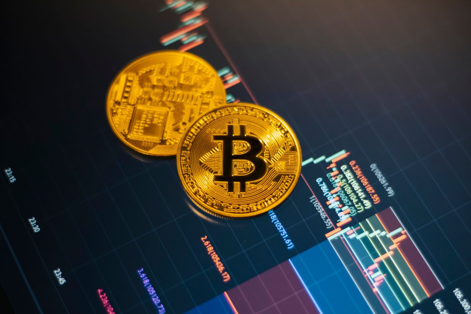 A professional clean visual rendering of a gold Bitcoin token resting near digital market financial candlestick charts.