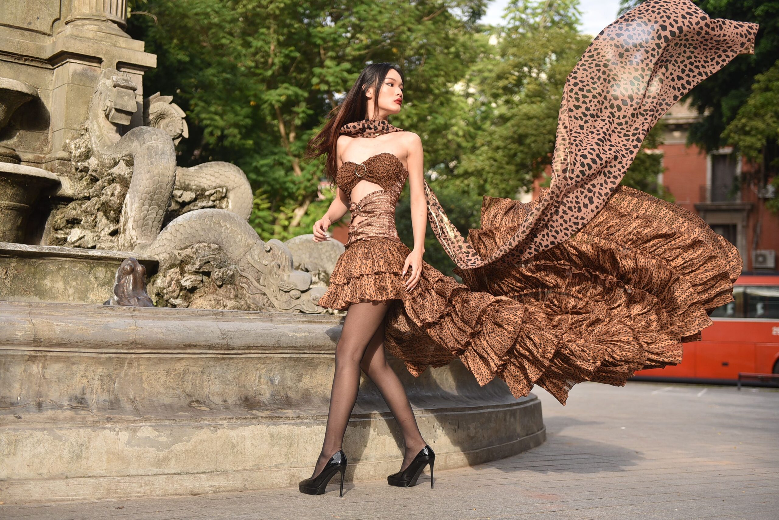 A stylish modern clothing rack with elegant dresses representing luxury fashion design