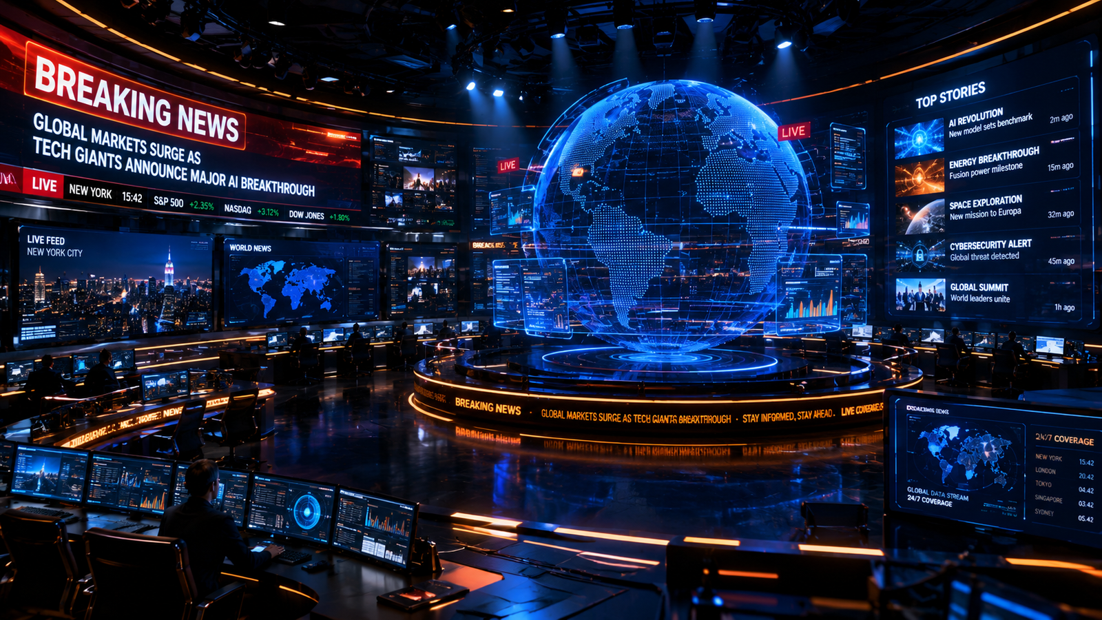 A high-tech digital newsroom showing artificial intelligence monitoring news feeds and breaking tech scoops