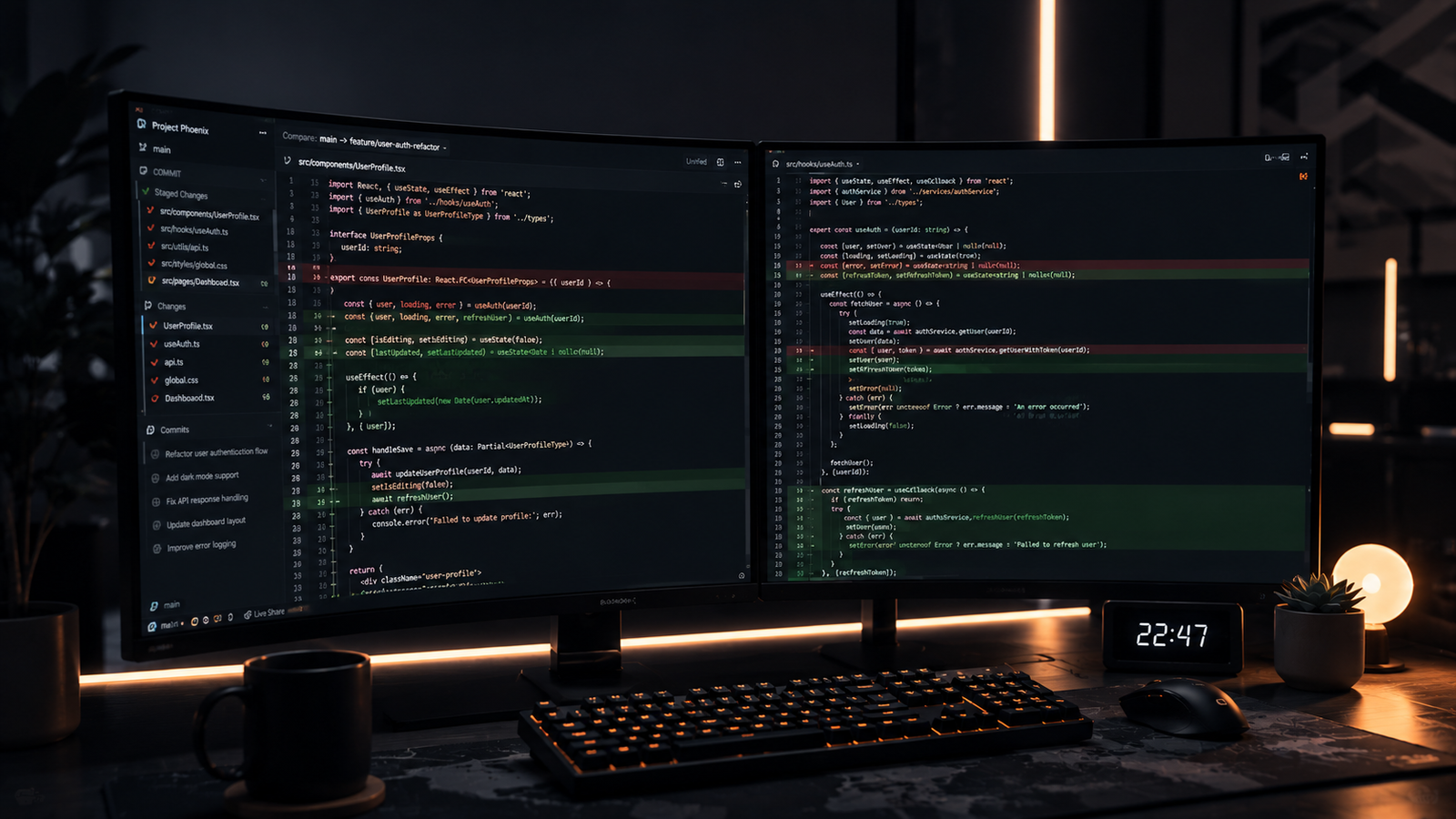 A developer reviewing automated AI-generated code diffs on a dark-mode monitor with warning highlights