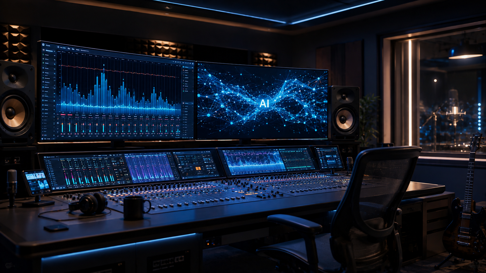 A glowing digital synthesizer soundwave transforming into an AI neural network interface on a studio monitor