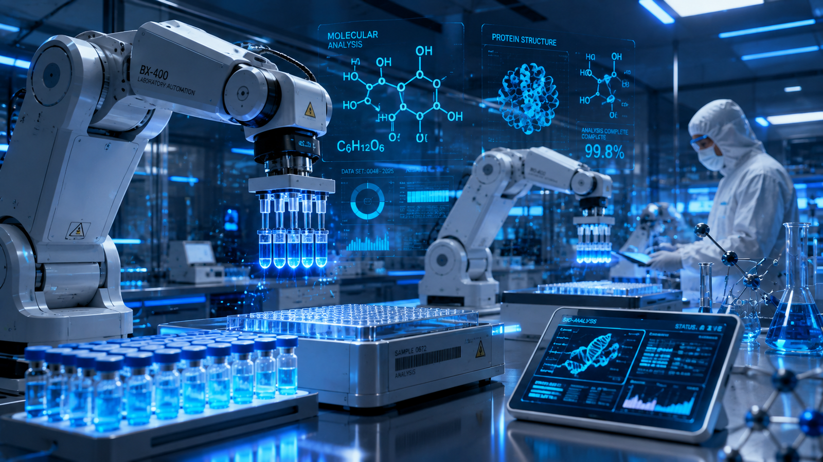 A high-tech pharmaceutical research laboratory with molecular DNA graphics bridging global supply chain networks