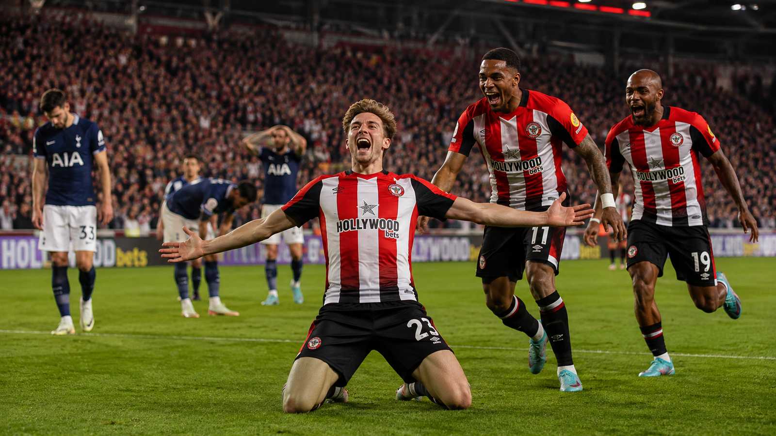 Brentford vs Tottenham players celebrating after scoring at the Gtech Community Stadium