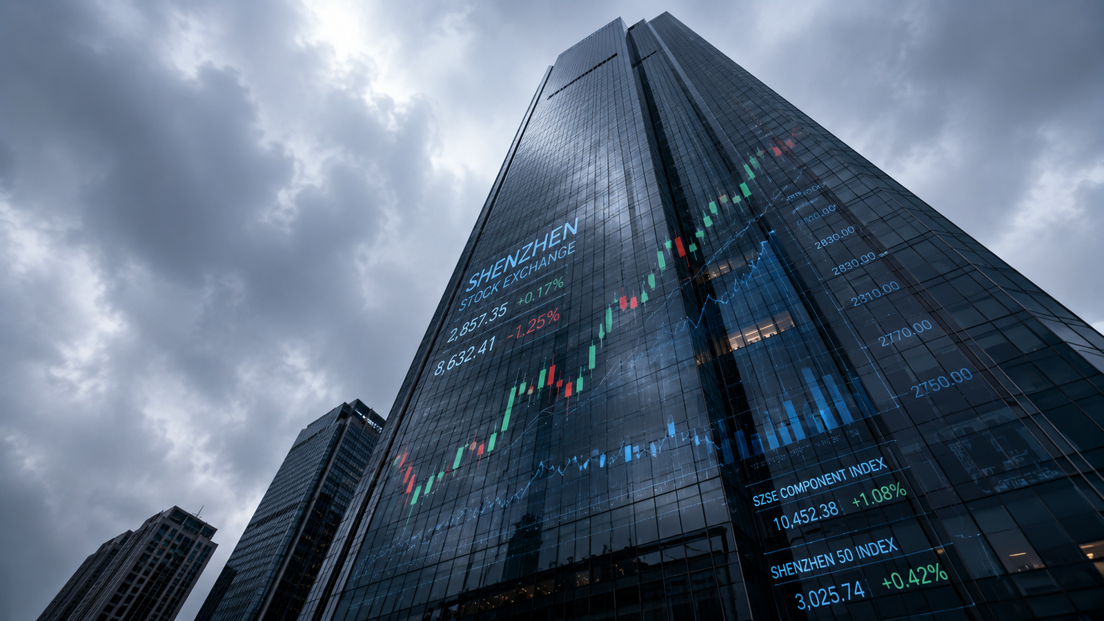 Evergrande commercial tower facade reflecting financial market charts under dramatic skies