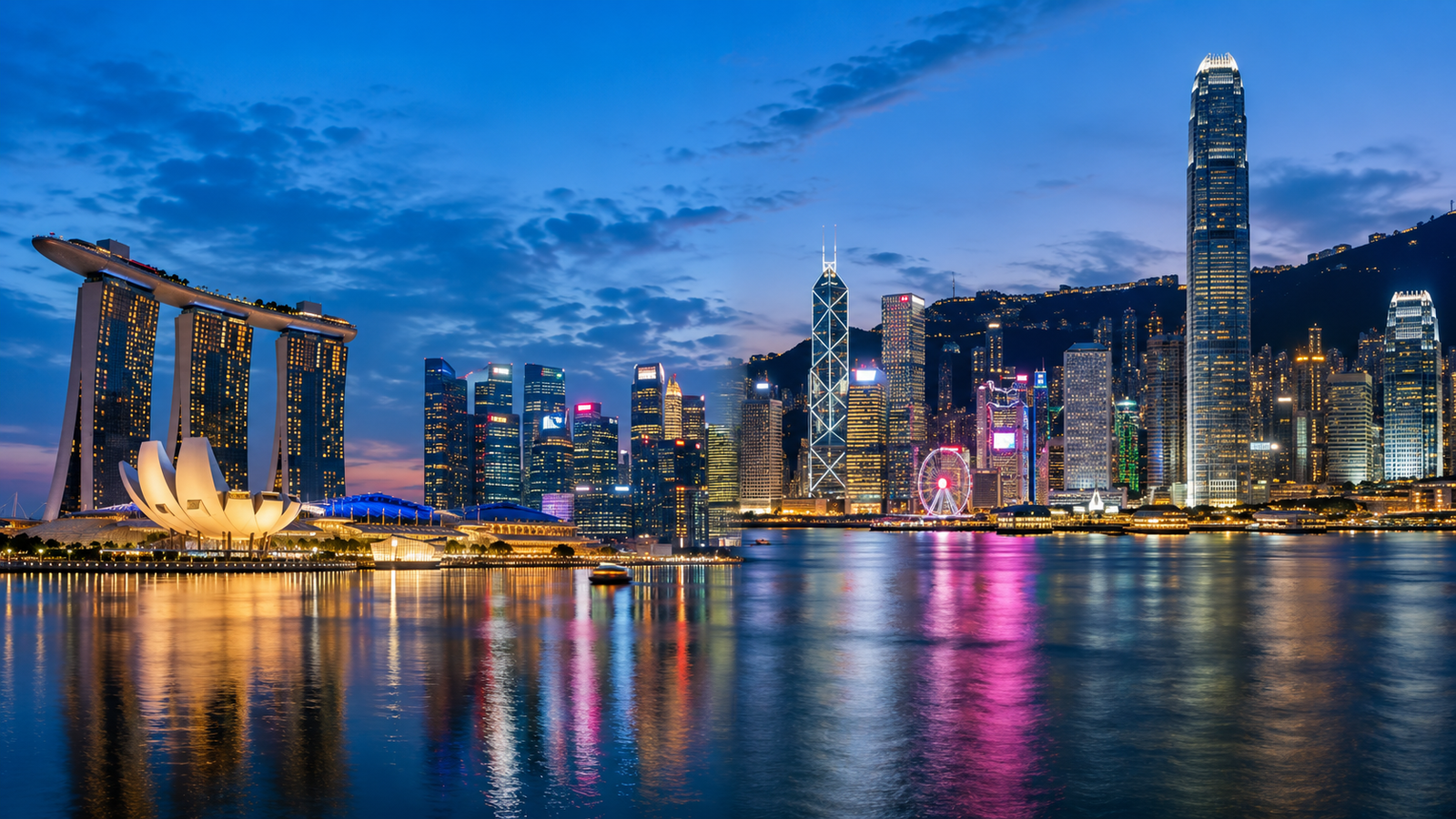 Modern glass skyscrapers of the Hong Kong and Singapore financial districts reflecting financial market data charts