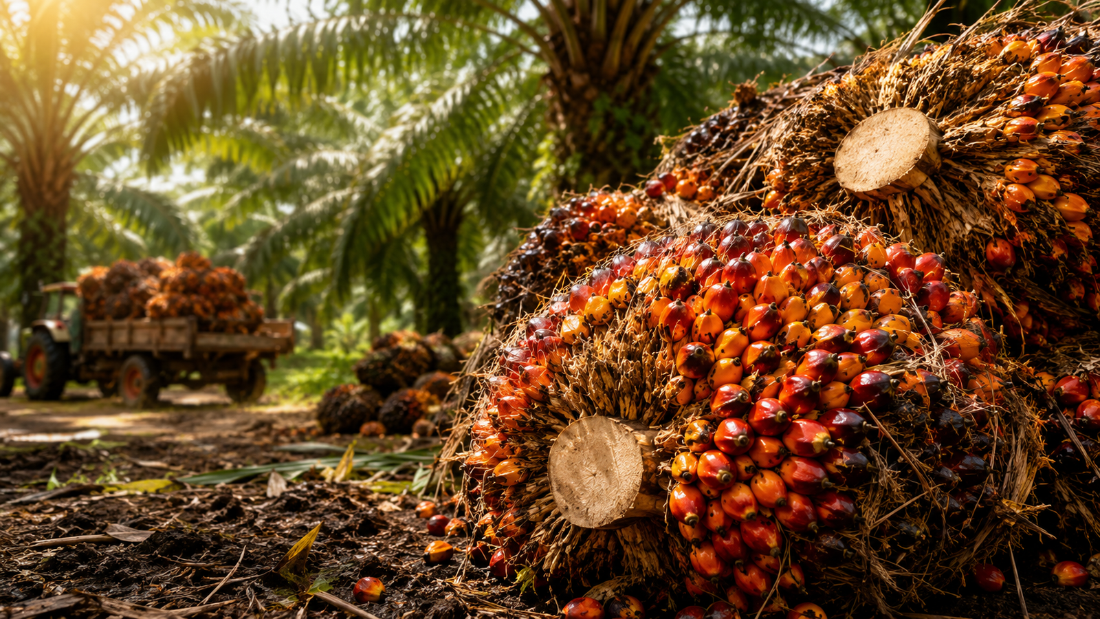 Fresh golden palm oil fruit bunches on a plantation with global commodity trading price graphs in the background