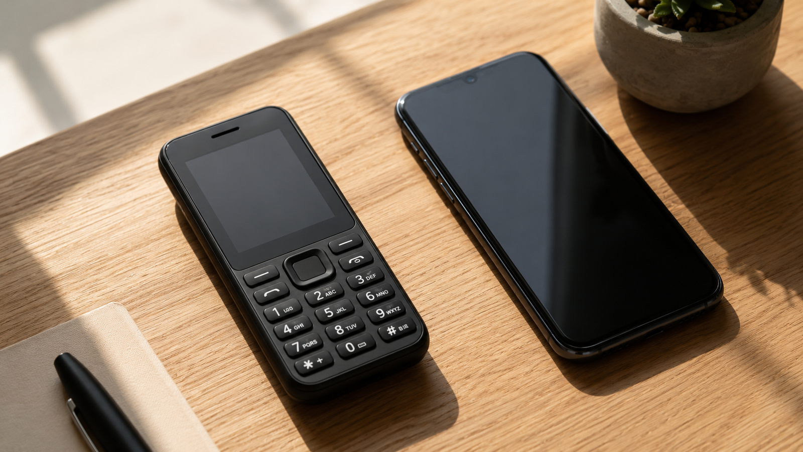 A sleek modern minimalist feature phone with physical keypad next to a glowing smartphone on a wooden desk