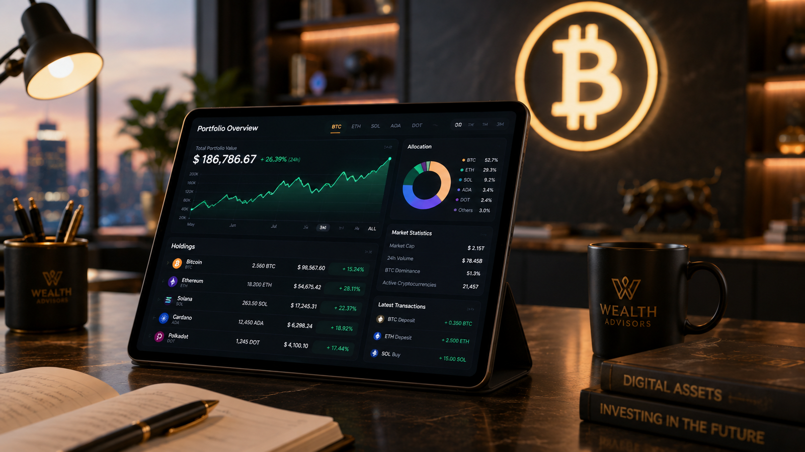 A tablet displaying digital crypto asset trading portfolios with a physical golden Bitcoin coin beside financial documents
