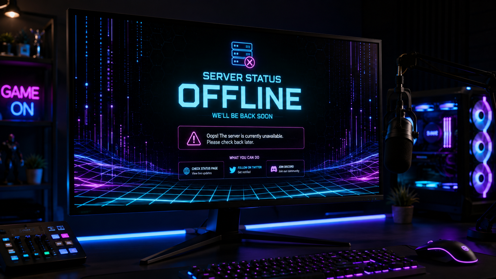 A high-tech digital gaming screen displaying Fortnite maintenance status with glowing cyan circuit graphics