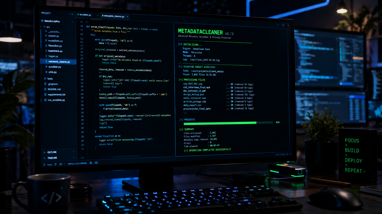 A high-tech terminal window displaying Python code stripping C2PA metadata and AI watermarks from digital files