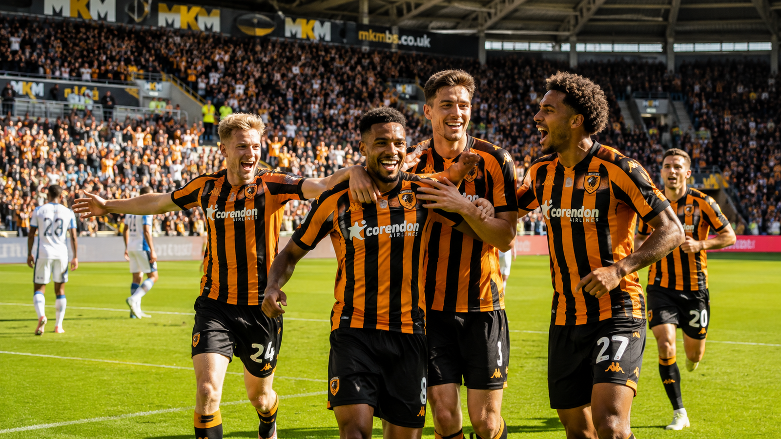 Nobel Mendy and Semi Ajayi celebrate Hull City's goal against Manchester United at MKM Stadium