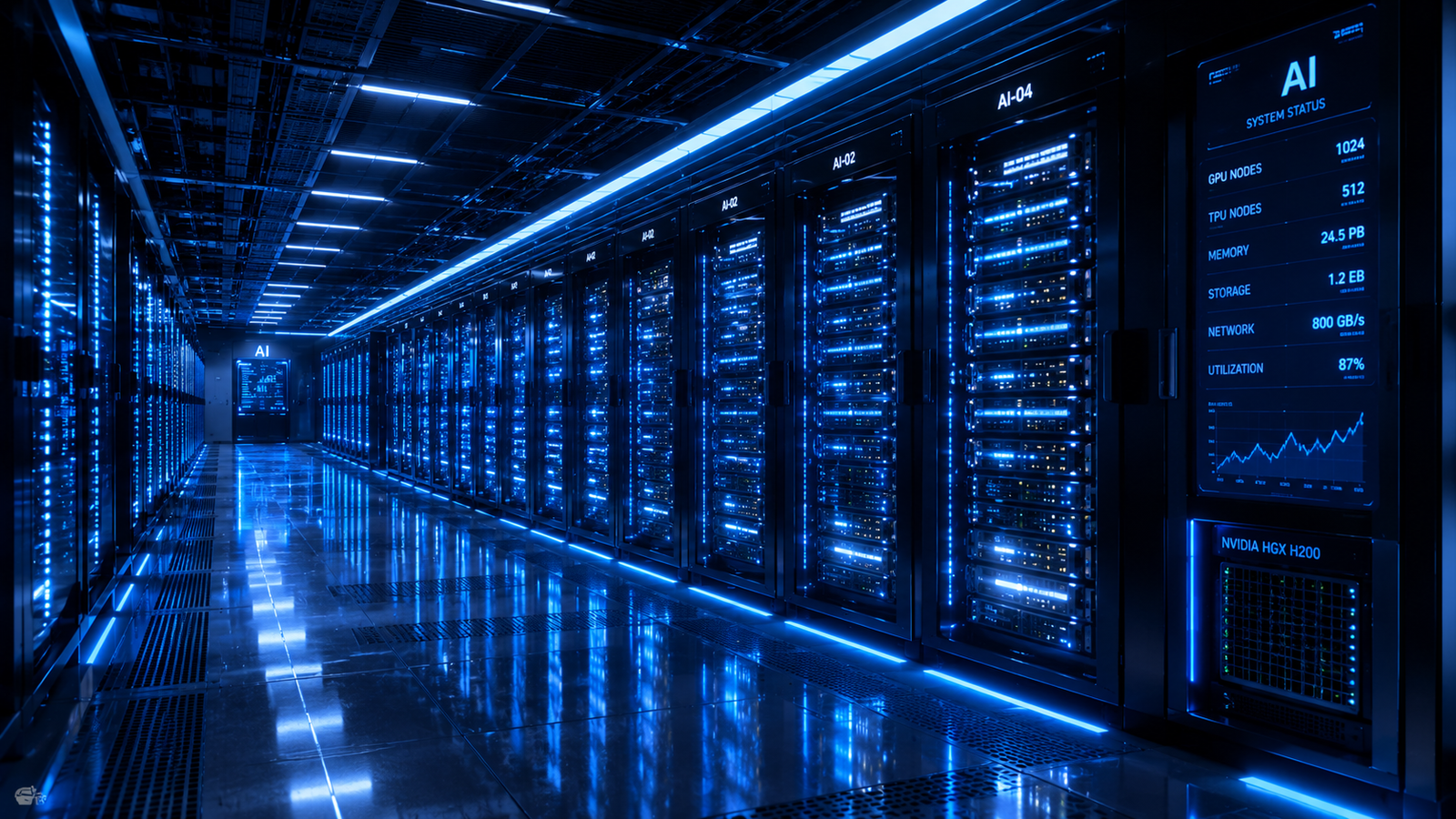 Modern data center with high-performance Lenovo AI server racks glowing with cyan and blue LED lighting