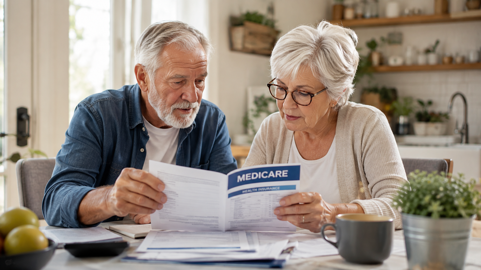 Senior couple reviewing Medicare Advantage healthcare insurance documents and plan options at a kitchen table