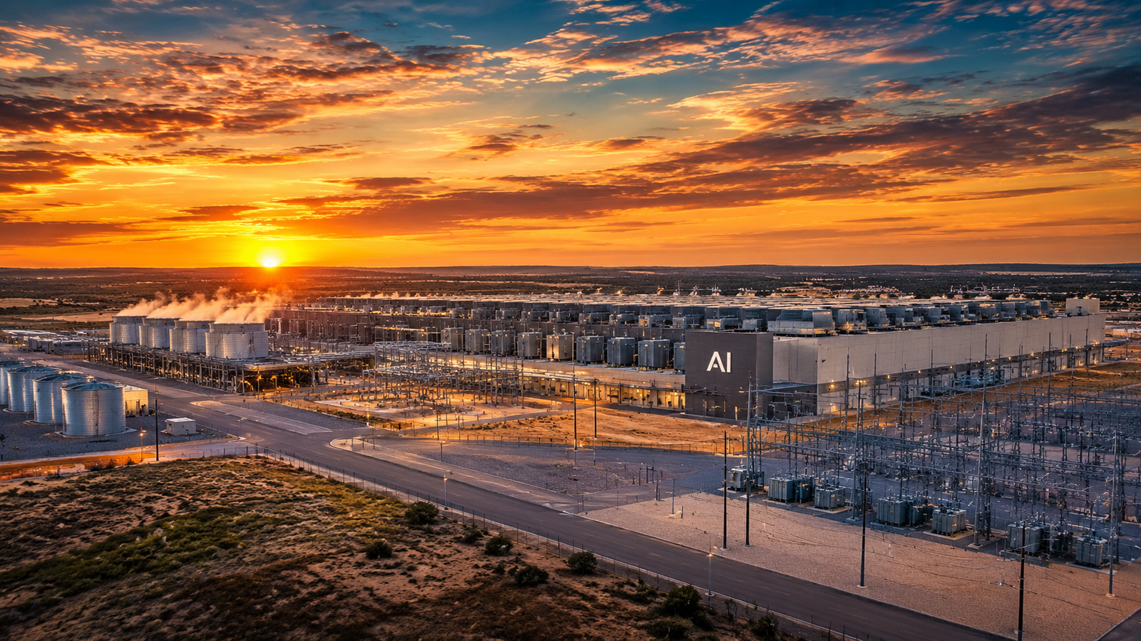 A vast industrial AI data center complex in Texas desert with digital financial risk metrics overlaid