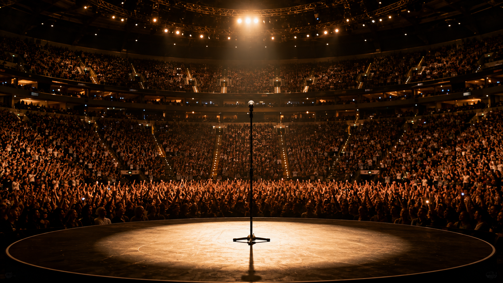 A spotlight illuminated stand-up comedy microphone on an arena stage surrounded by thousands of cheering audience members