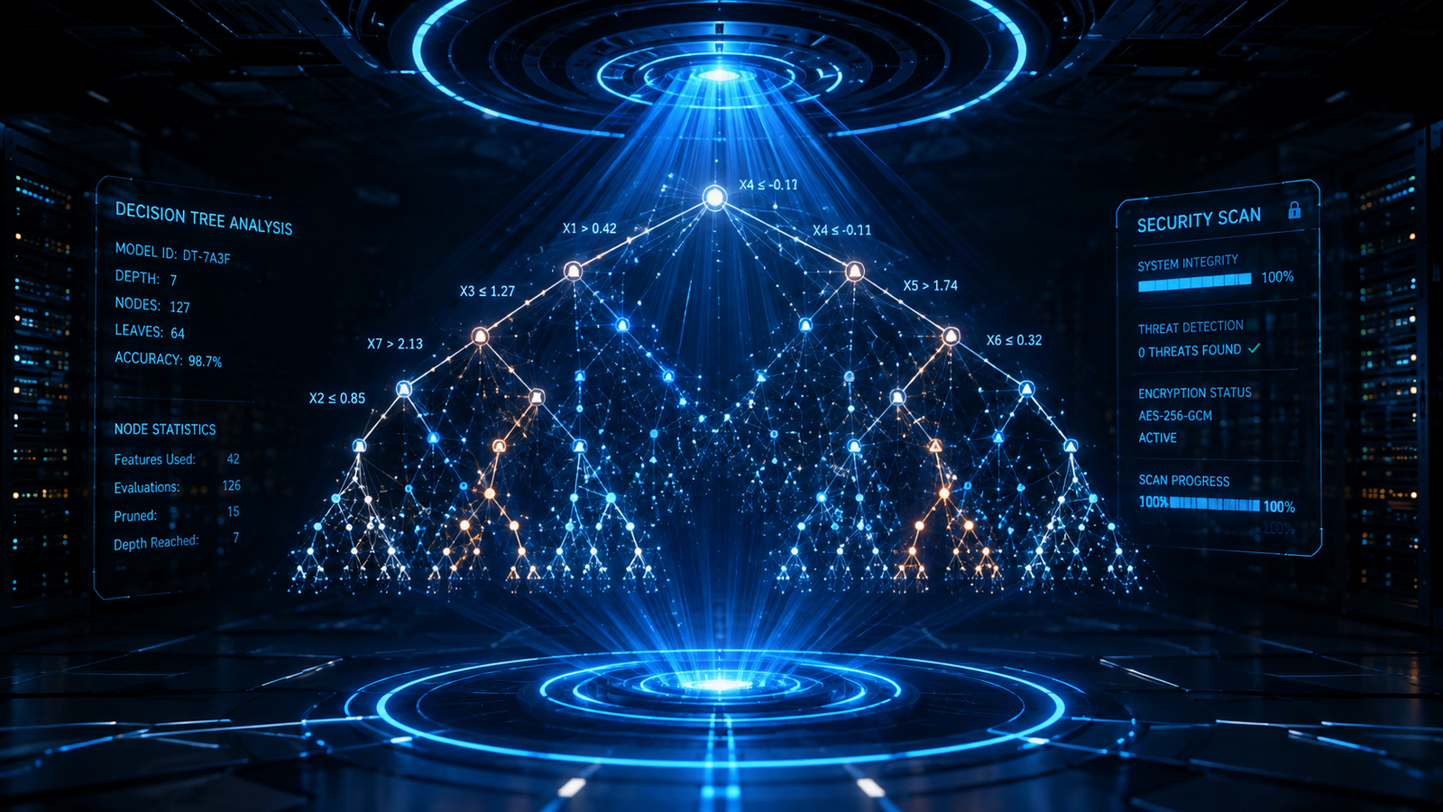 A high-tech digital visualization of artificial intelligence neural reasoning pathways inspected by glowing security shields