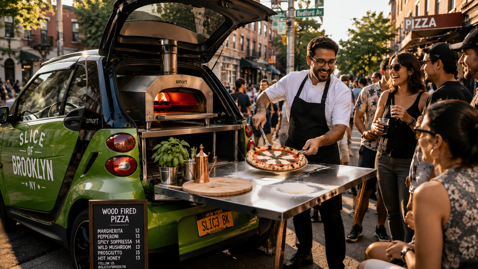 Pizza Pod NYC Smart Car mobile pizzeria trunk setup with portable ovens and fresh pizza