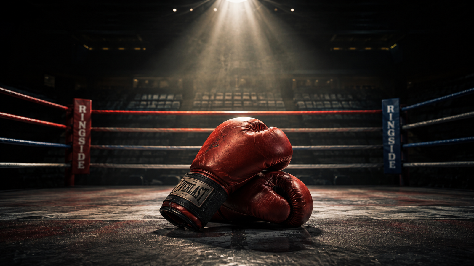 A tribute graphic featuring boxing gloves placed in the center of a spotlighted ring with the Puerto Rican flag in the background