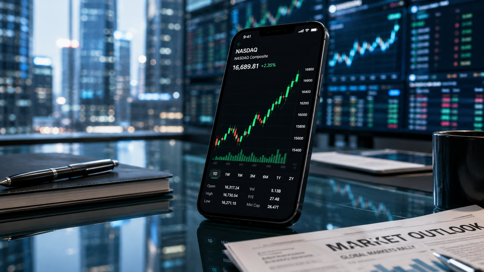A smartphone displaying the Robinhood green stock growth chart on a trading desk next to a digital tablet