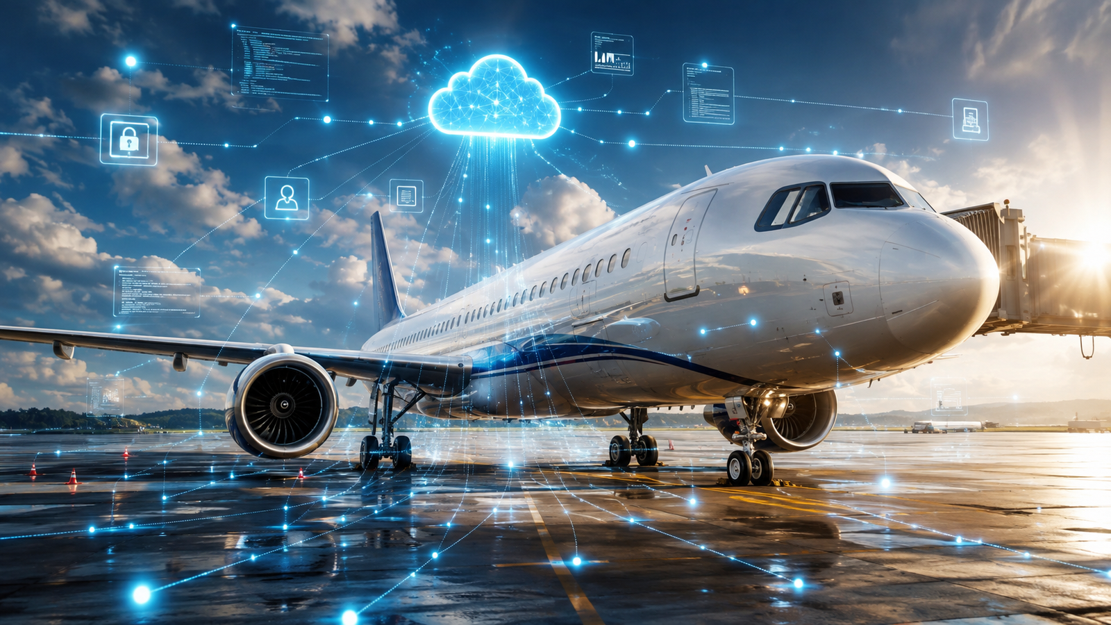 A Ryanair Boeing 737 aircraft on the tarmac with a digital overlay representing Google Cloud AI connections
