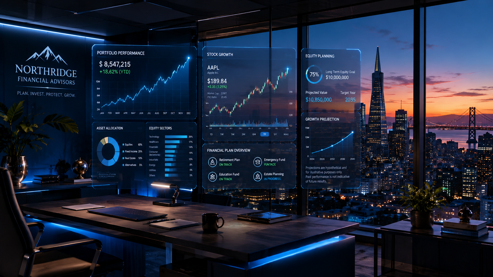 Financial advisors reviewing pre-IPO stock options and wealth management portfolios in modern San Francisco tech office