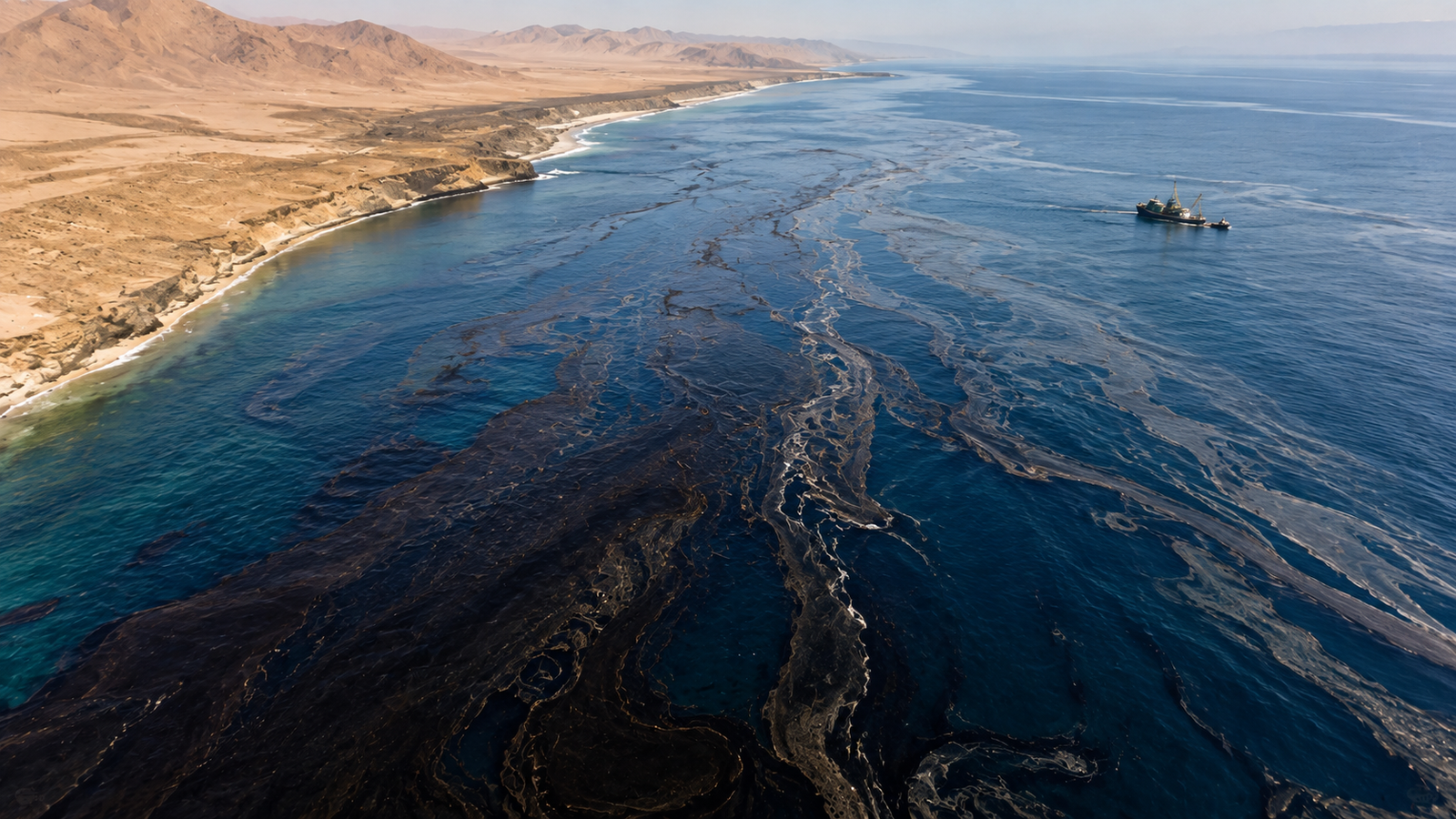Satellite rendering and aerial view of a major black oil slick spreading across ocean waters near coastal islands