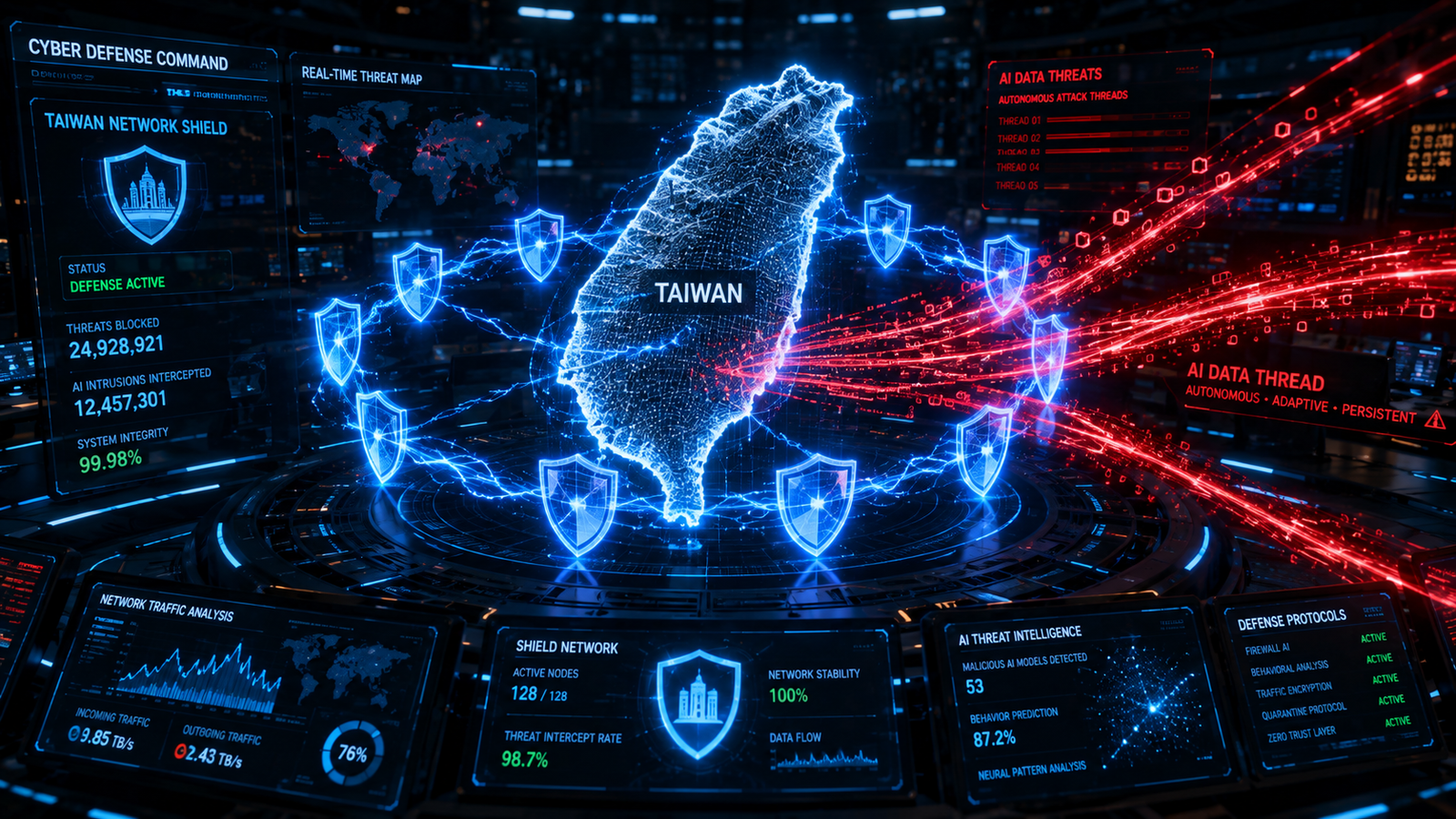 Digital map of Taiwan surrounded by glowing cyber security shields and red AI threat lines