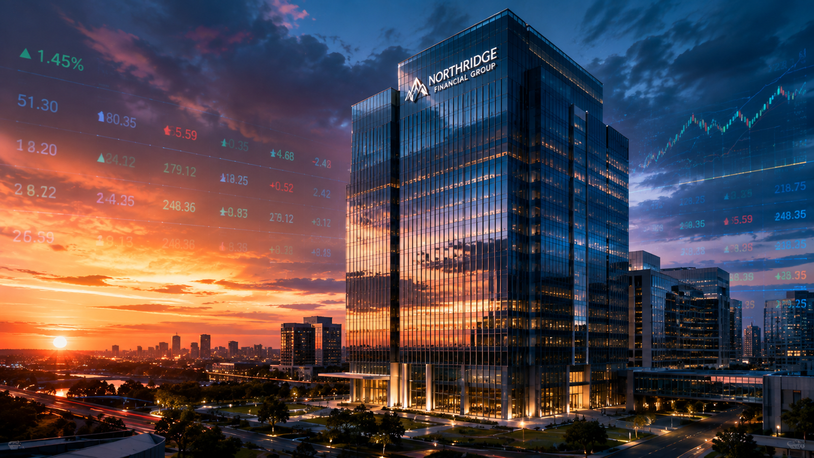 Modern corporate glass skyscraper reflecting financial market stock charts