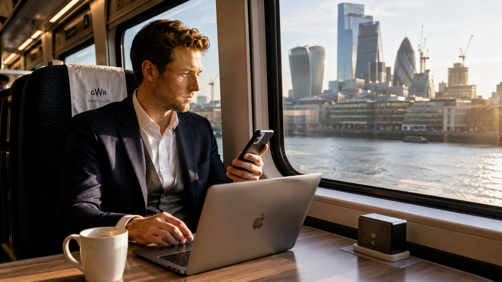 A professional commuter working seamlessly on a laptop and smartphone using 5G connectivity aboard a high-speed UK train