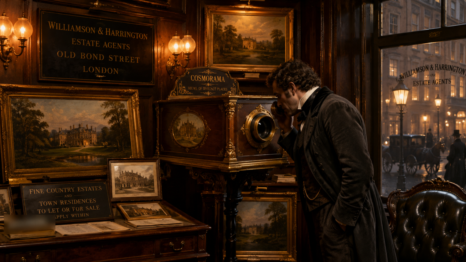 Illustration of a Victorian gentleman looking through a Cosmorama optical lens box at an aerial painting of a country estate