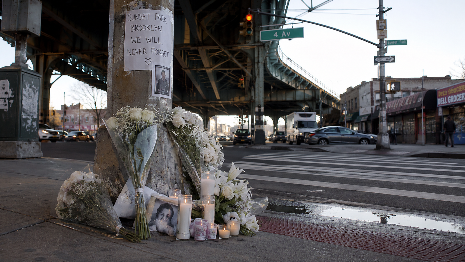 Brooklyn nurse hit and run tribute showing flowers and candles at an urban intersection in Sunset Park