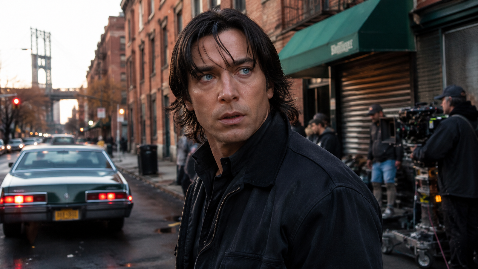 Pete Davidson wearing long dark hair and blue contacts on the Brooklyn set of Tommy Karate