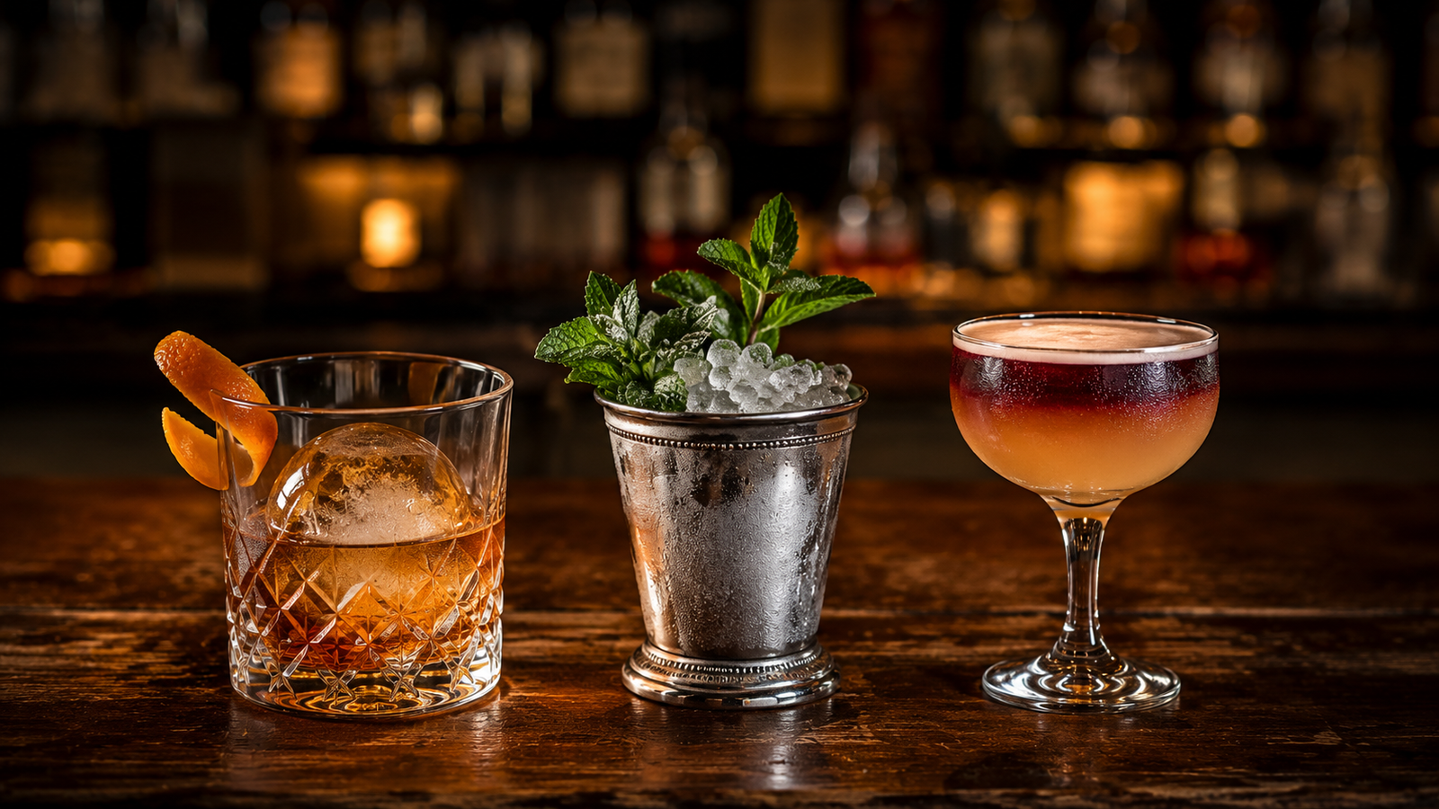 Bourbon cocktails recipes guide featuring an Old Fashioned in a rocks glass with an orange peel and ice