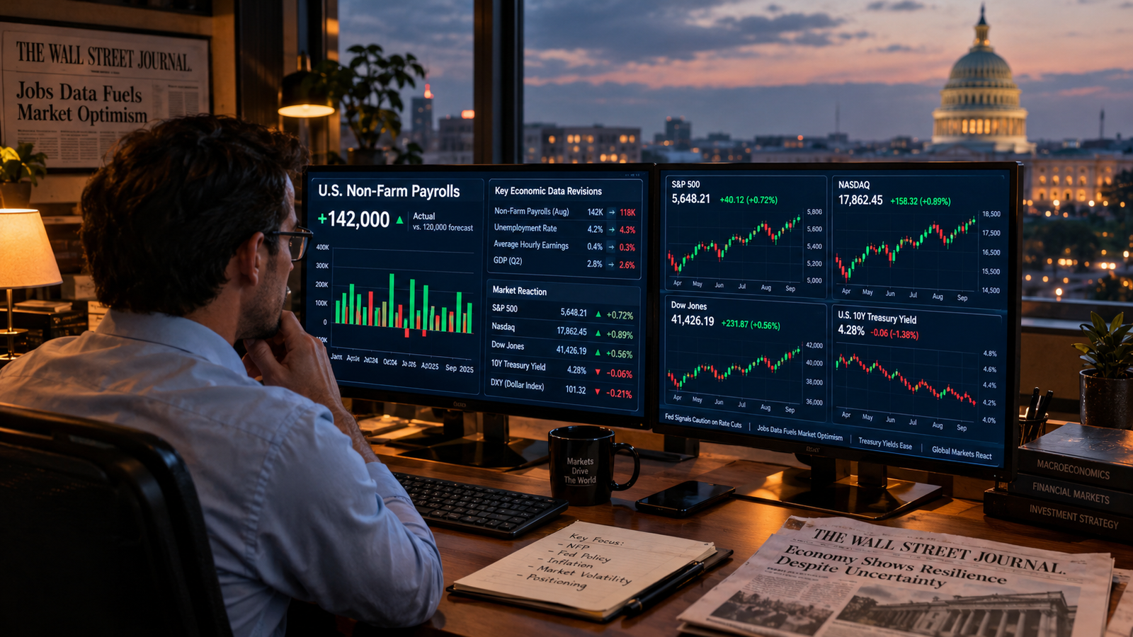 BLS jobs data revision controversy showing financial data charts and employment market graphs on trading screen
