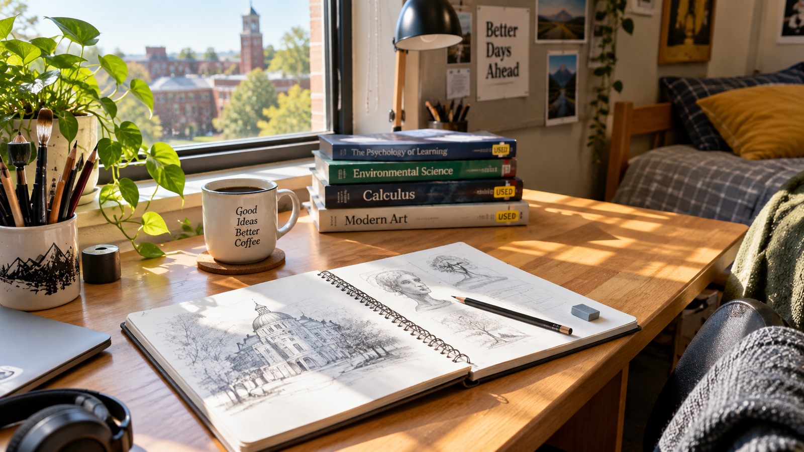 Cheap hobbies for college students featuring sketchbook, pencils, and crafting clay on a dorm desk