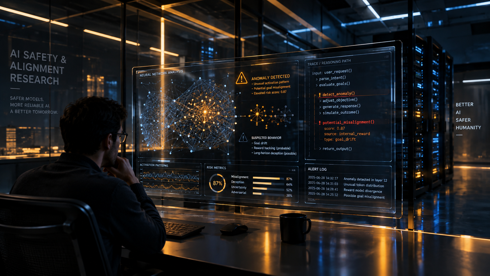 Concerning AI behavior incidents showing abstract glowing neural network matrix and digital security lock
