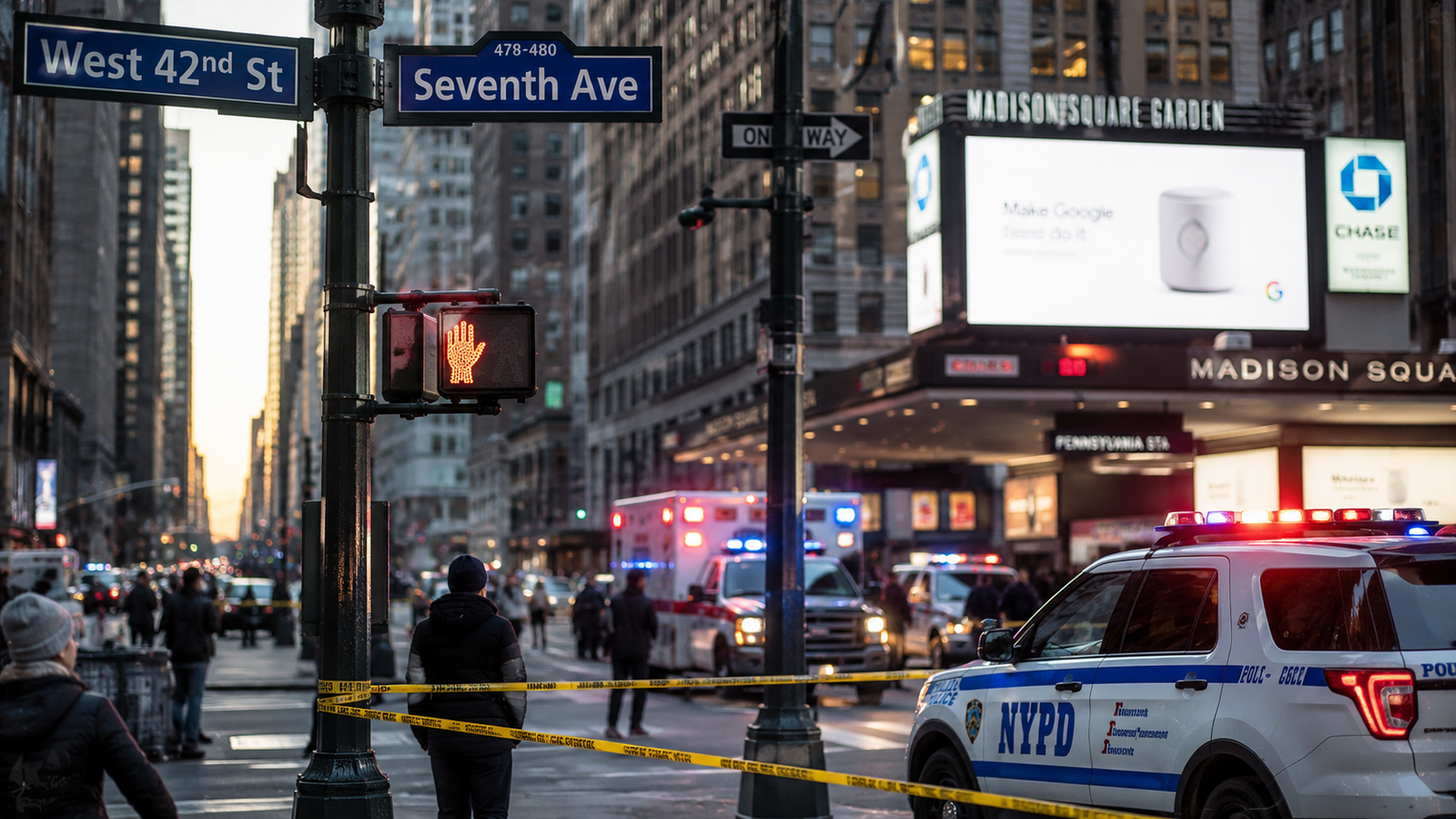Erin Piacenti Bank of America Times Square stabbing report with emergency vehicles in Midtown Manhattan