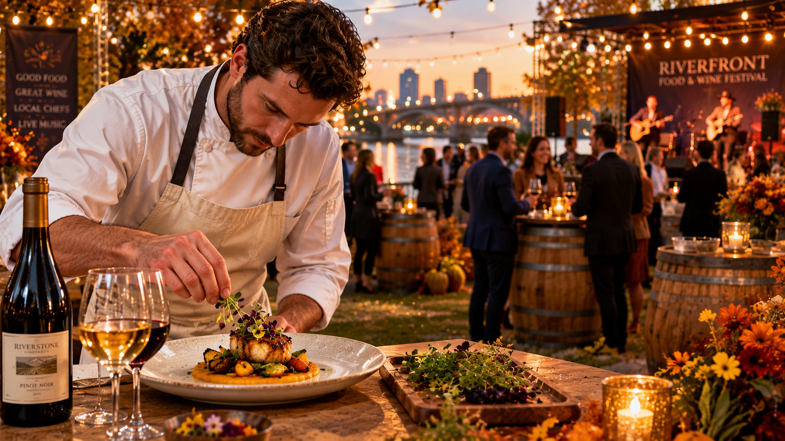 Euphoria Greenville 21st year celebration featuring chef plating gourmet dish with wine glasses and outdoor evening lights