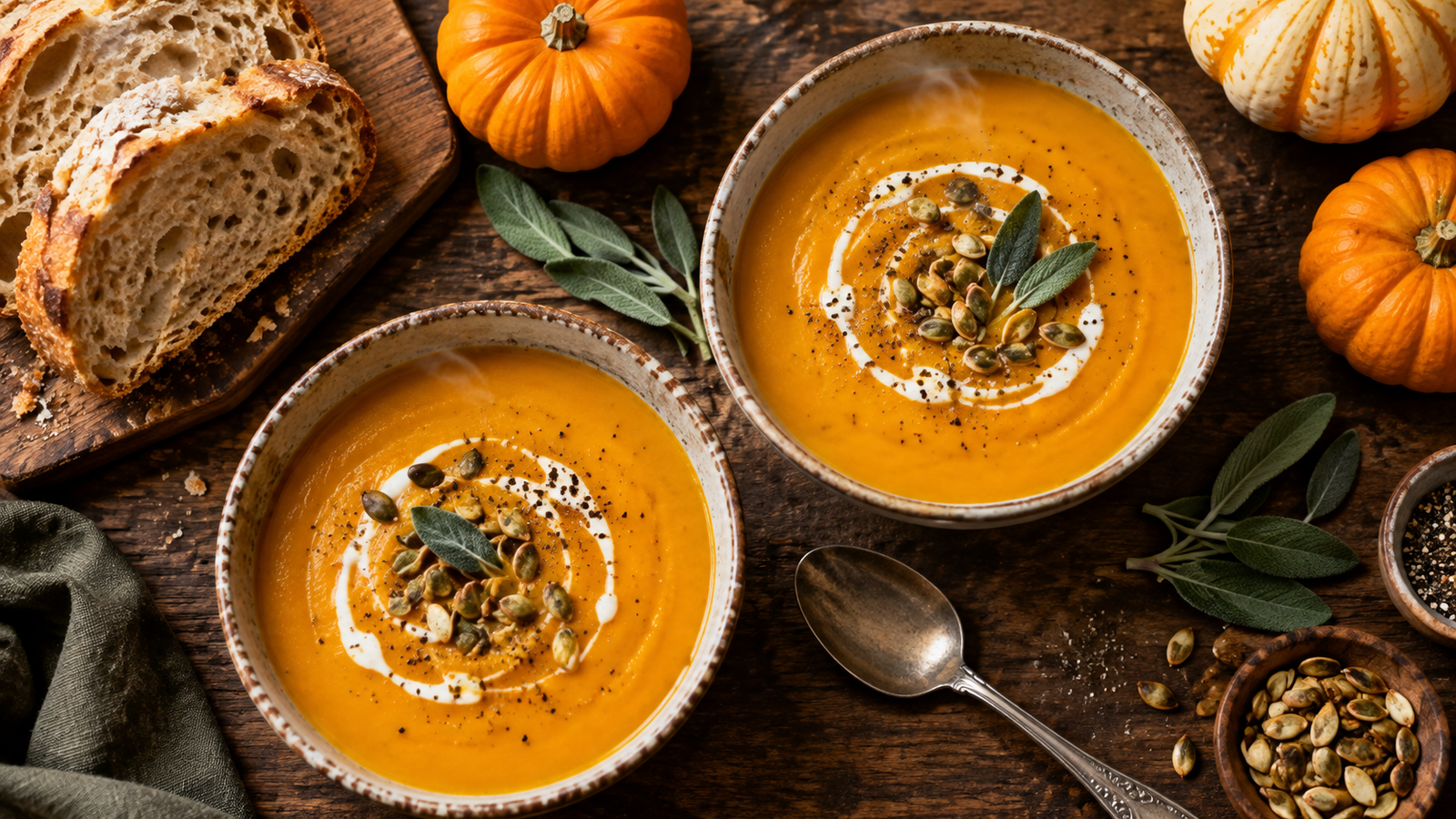Fall soup recipes showing creamy roasted butternut squash soup in rustic ceramic bowls on wooden tabletop
